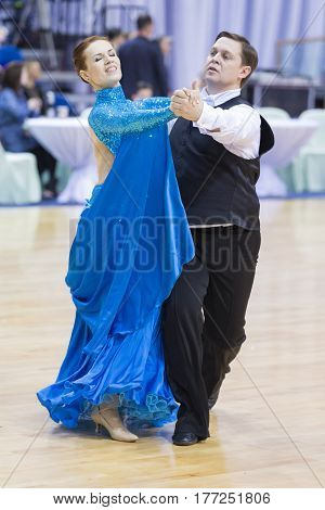 Minsk Belarus-February 18 2017: Senior Dance Couple of Gruzdilovich Vyacheslav and Gruzdilovich Irina Performs European Standard Program on WDSF Minsk Open Dance Festival-2017 Championship in February 19 2017 in Minsk Belarus
