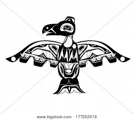 totem bird indigenous art stylization on white background with native ornament