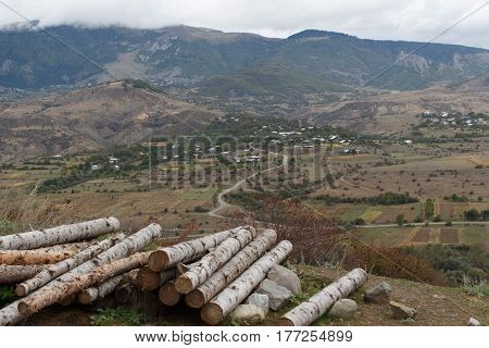 A pile of cut logs of a mountain landscape. landscape mountains. Stack of firewood