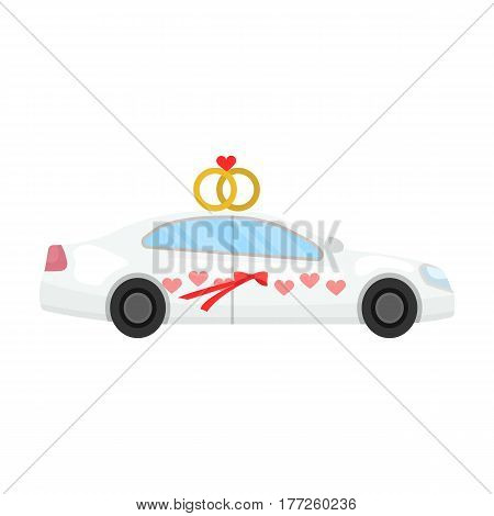 White wedding car with rings. Auto for the bride and groom.Wedding single icon in cartoon style vector symbol stock web illustration.