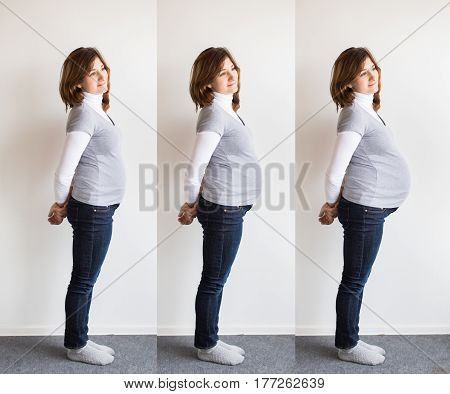 three stages of pregnancy. a concept of development of a foetus in mother's belly. Smiling pregnant woman posing on a white wall background. Pregancy concept.