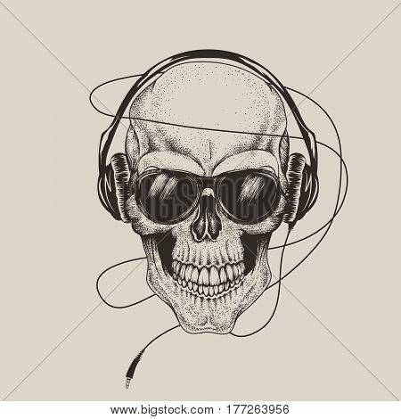 skull in headphones and sunglasses.Prints design for t-shirts or tattoo