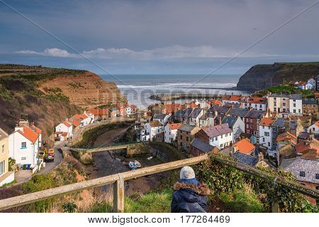 Elevated View of Staithes Village - Staithes is a pretty seaside village and fishing port on the North Yorkshire coastline and is today an attractive tourist destination