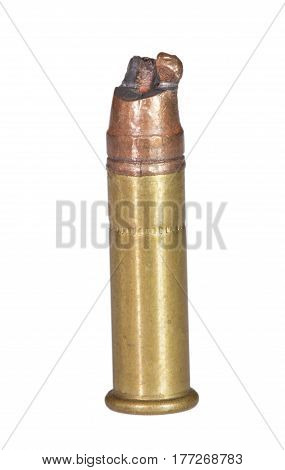 Bullet on a rimfire cartridge that has been bent when going into the chamber