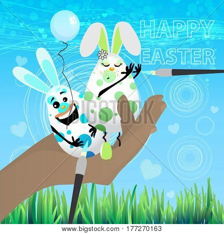 EASTER happiness. Eggs rabbits with a funny face and hand with a brush. Illustration for your design. Holiday concept