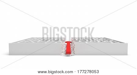 3d rendering of a white square maze in side view divided in half by a red arrow line. Mazes and labyrinths. Arrow strike. Business issues.