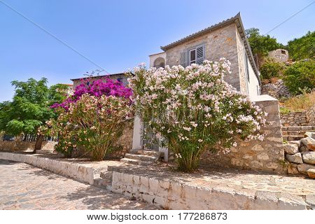 traditional houses at Hydra island Saronic Gulf Greece