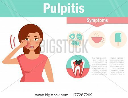Pulpitis. Dental disease. Isolated art on white background. Vector. Cartoon. Flat. For websites brochures magazines Medicine