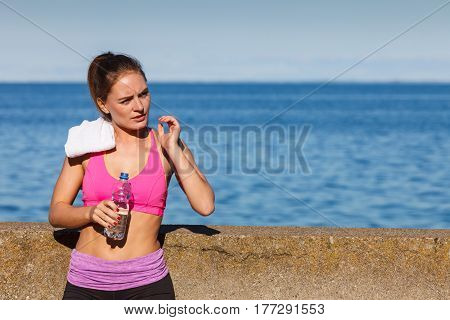 Woman Drinking Water After Sport Gym Outdoor