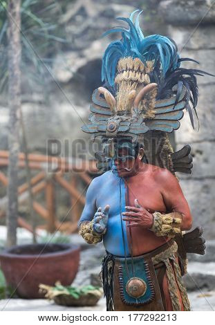 Tulum Mexico March 12th 2017: Man in Maya indian costume