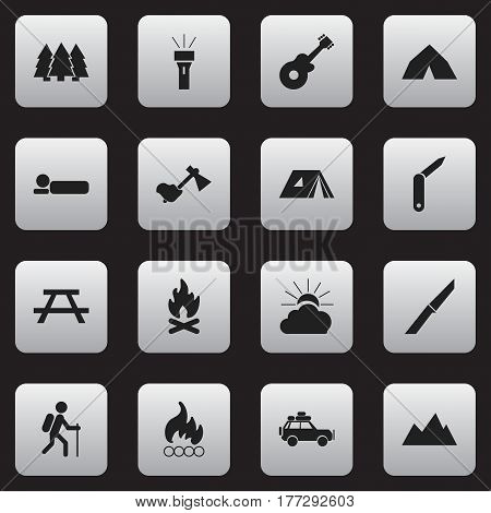 Set Of 16 Editable Trip Icons. Includes Symbols Such As Ax, Pine, Knife And More. Can Be Used For Web, Mobile, UI And Infographic Design.