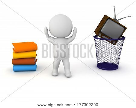 A stressed 3d character that can't choose between reading and watching tv