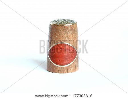 Handmade wood thimble with brass top and inlay on the side