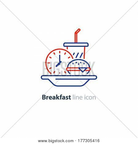 Breakfast time, fast food order, burger with drink and clock, lunch time concept, vector line icon