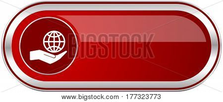 Hand protect the earth red long glossy silver metallic banner. Modern design web icon for smartphone applications