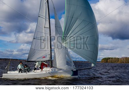 Konakovo April 19 : Public open. Team athletes participating in the sailing competition - match race held in Konakovo on river Volga April 19 2016