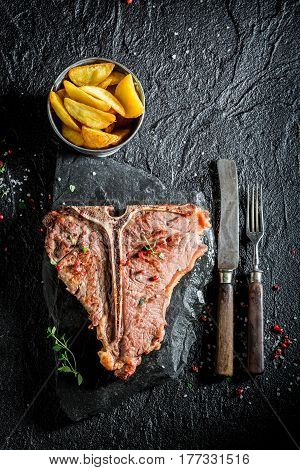 Delicious Chips And Tbone Steak With Salt And Pepper