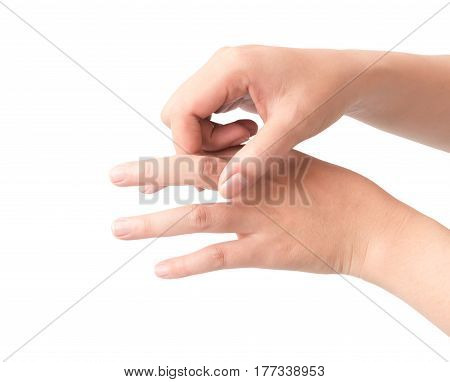Young woman finger pain isolate on white background