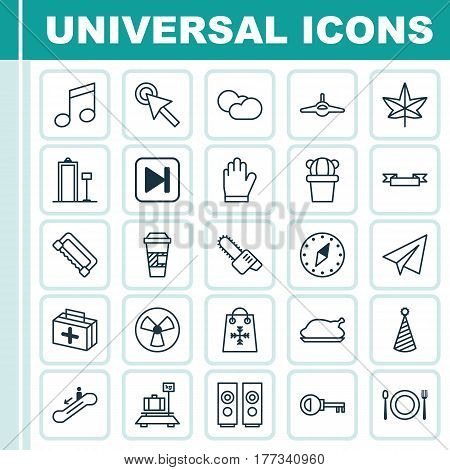 Set Of 25 Universal Editable Icons. Can Be Used For Web, Mobile And App Design. Includes Elements Such As Gasoline Cutter, Escalator Down, Protection Mitt And More.