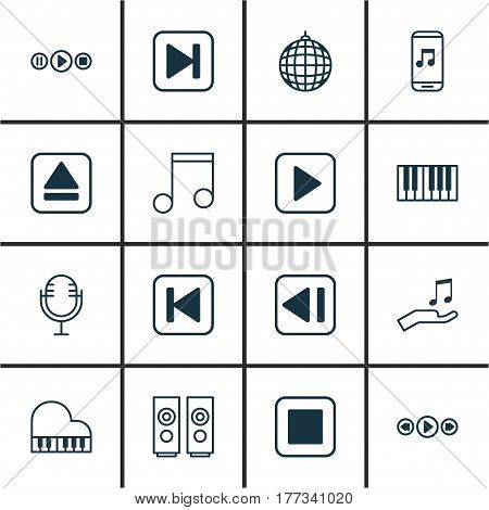 Set Of 16 Audio Icons. Includes Piano, Music Control, Run Song Back And Other Symbols. Beautiful Design Elements.
