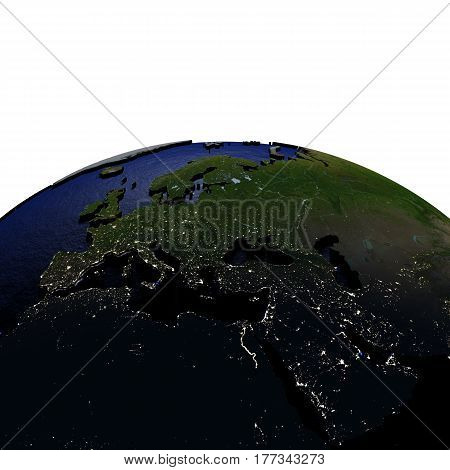 Emea Region At Night On Model Of Earth With Embossed Land