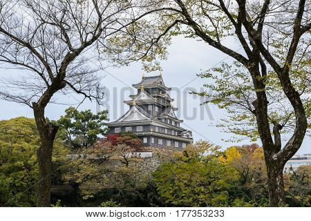 Stunning view of Okayama Castle in autumn season, Okayama Japan