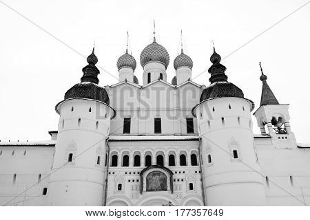 The Holy Gate and the Church of the Resurrection  in Rostov Kremlin in winter, Russia