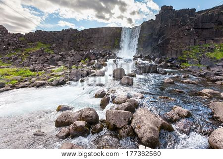 Oxararfoss Waterfall In Thingvellir National Park