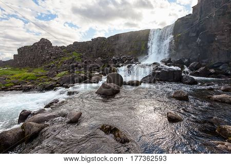 Oxararfoss Waterfall In Thingvellir National Park