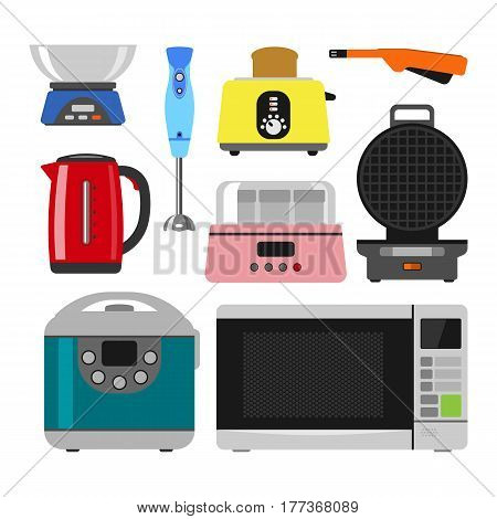 Home appliances cooking kitchen home equipment and flat style household cooking set electronics food template technology icon concept vector. Domestic electricity laundry processor.
