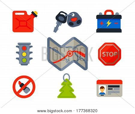 Auto transport motorist icons symbols and equipment symbols service car driver tools high detailed vector illustration set. Prohibitive signs transmission garage change vehicle automobile mechanic.