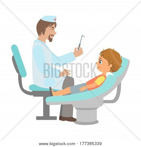 Dentist Checking Teeth Of Little Boy, Part Of Kids Taking Health Exam Series Of Illustrations. Child On Appointment With A Doctor Going Through Medical Checkup.