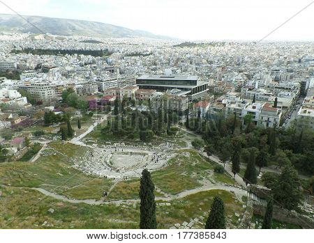 The Theater of Dionysus Eleuthereus and Cityscape of Athens as seen from the Acropolis, Greece