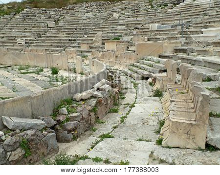 Ancient Stone Seats of the Theater of Dionysus Eleuthereus, Athens, Greece