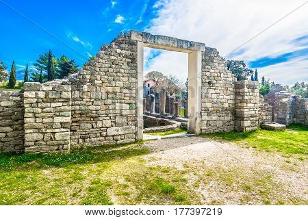 View at ancient roman city Salona and historic cemetery Manastirine in suburb of town Split, Croatia.