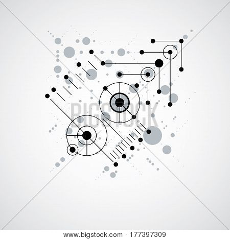 Vector Bauhaus monochrome abstract background made with grid and overlapping simple geometric elements circles and lines. Retro style artwork graphic template for advertising poster.