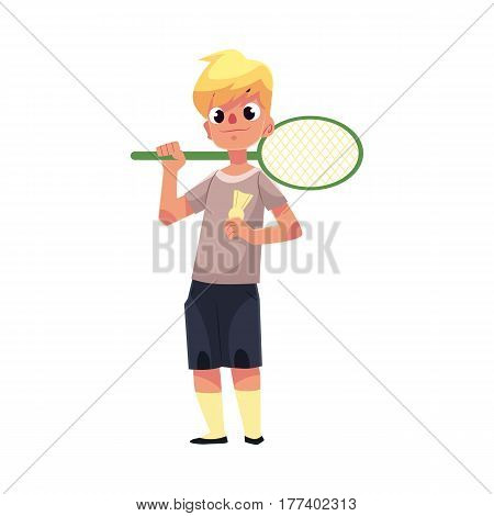 Teenage Caucasian boy halding badminton racket and birdie, cartoon vector illustration isolated on white background. Boy with badminton racket, summer activity, having fun at the playground