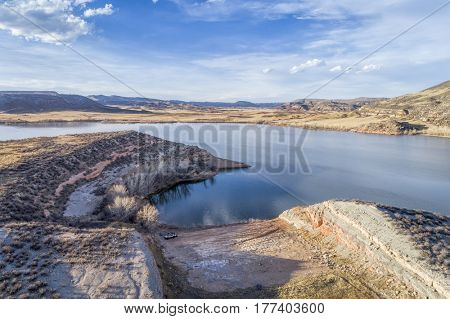 aerial landscape of northern Colorado foothills - Park Creek Reservoir and spillway