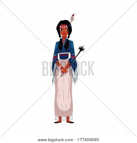 Native American Indian woman in traditional national tribal fringed shirt and long skirt, cartoon vector illustration isolated on white background. Native American, Indian woman in national clothes