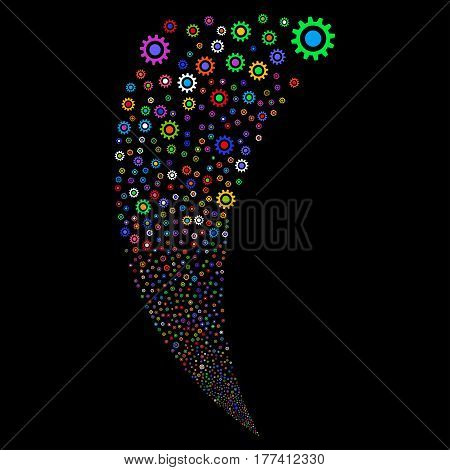 Cogwheel random fireworks stream. Vector illustration style is flat bright multicolored iconic symbols on a black background. Object fountain made from scattered pictographs.