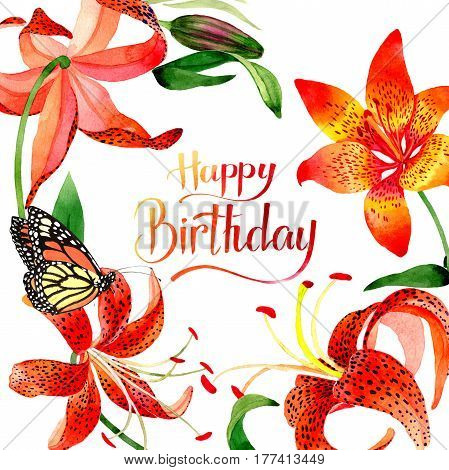Wildflower leopard lily flower frame in a watercolor style isolated.  Aquarelle wild flower for background, texture, wrapper pattern, frame or border.