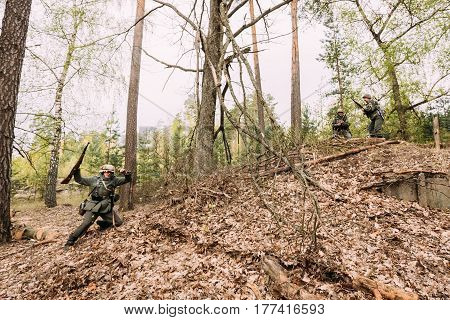 Pribor, Belarus - April 24, 2016: Unidentified Re-enactor Dressed As German Wehrmacht Infantry Soldier In World War II Soldier Falls Down Dead On Battlefield At Historical Reconstruction In Autumn Forest