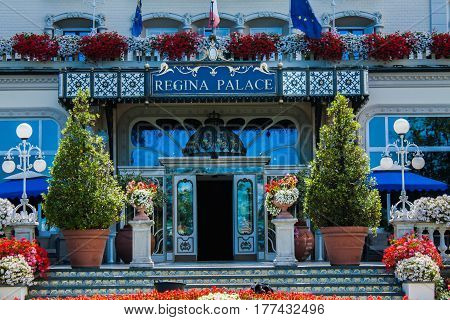 STRESA ITALY - JULY 14 2016. Stresa view on Regina Palace Hotel a town on the Maggiore Lake