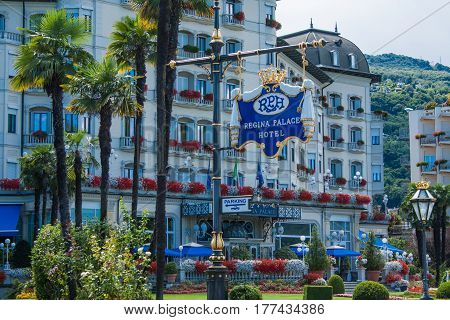 STRESA ITALY - JULY 14 2016. Stresa view on Regina Palace Hotel a town on the Maggiore Lake