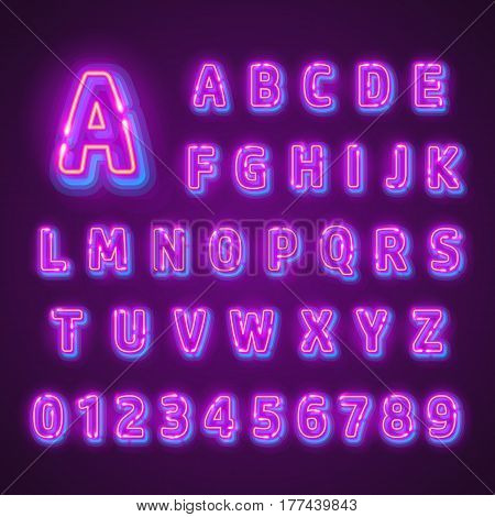 Fluorescent neon font on dark background. Nightlight alphabet. Vector
