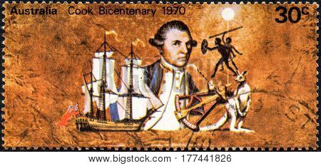 UKRAINE - CIRCA 2017: A stamp printed Australia shows Captain Cook bicentenary circa 1970