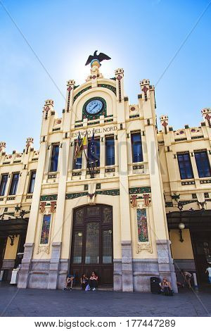 VALENCIA SPAIN - OCTOBER 1: Facade of the North station Estacio del Nord in Valencia Spain in 2013