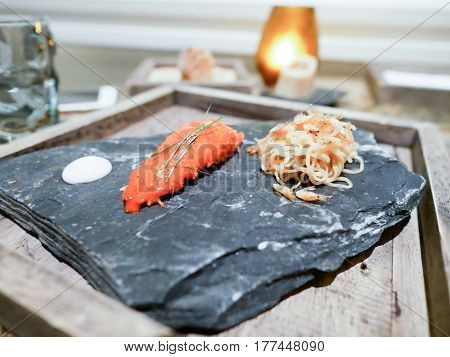 Rock Lobster meat served with noodle and small shrimp