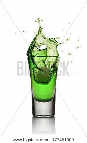 Glass Of Alcoholic Drink With Ice. Absinthe Or Mint Liquor Shot