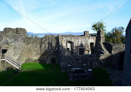 Dunstaffnage castle ruins and ramparts in Scotland.